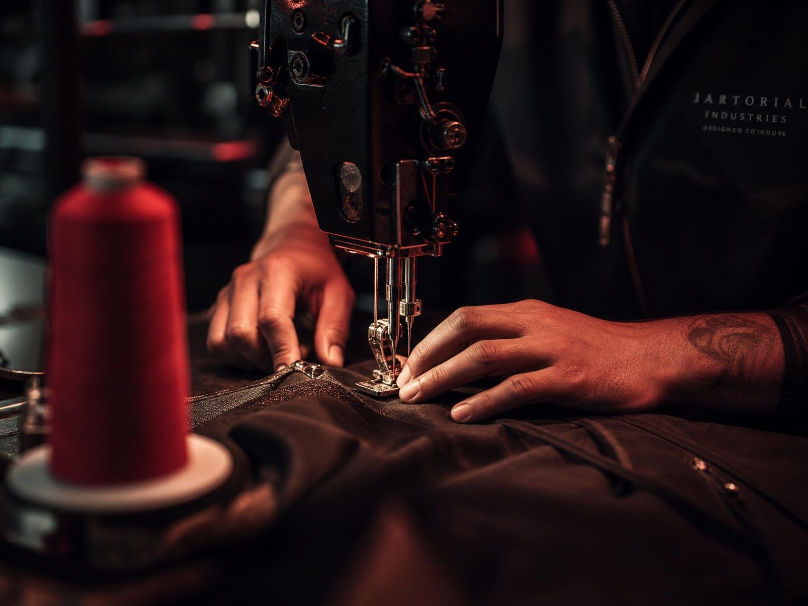 Craftsperson stitching fabric on industrial machine